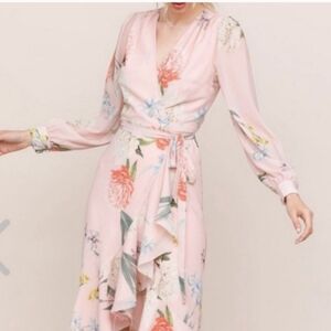 Yumi Kim Casanova Ruffle Wrap Midi Dress with Sheer Long Sleeves